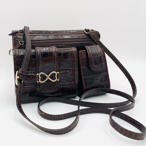 BRIGHTON✨Vintage Chestnut Croc Embossed Leather Organizer Crossbody - Picture 2 of 14